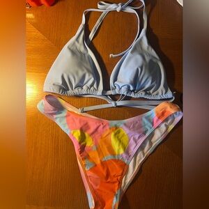 Light Blue Triangle Bikini Top with Colorful Printed Bottom - Women's Swim Set